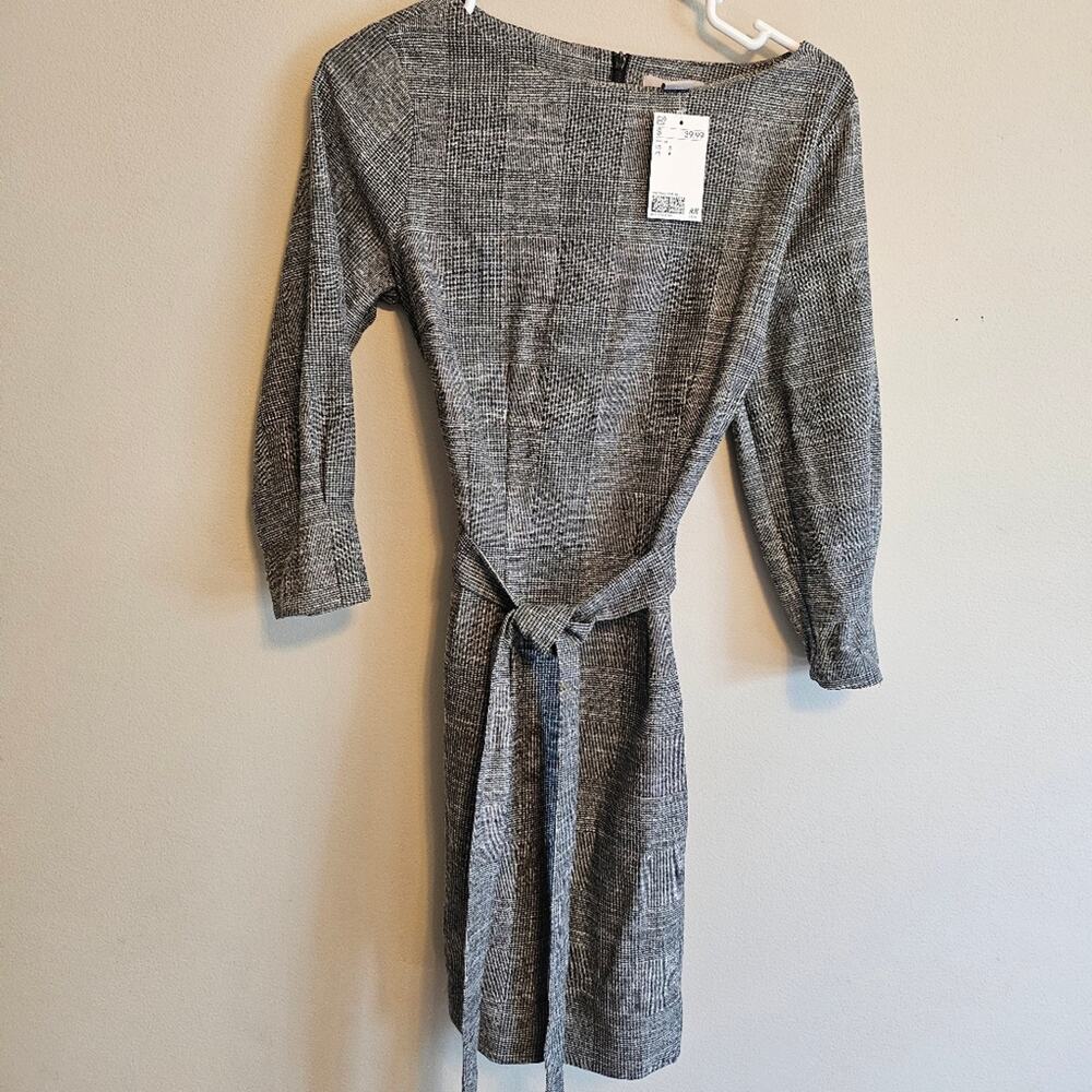H&M Plaid Belted Mini Dress Boat Neck Three Quater Sleeve Small NWT